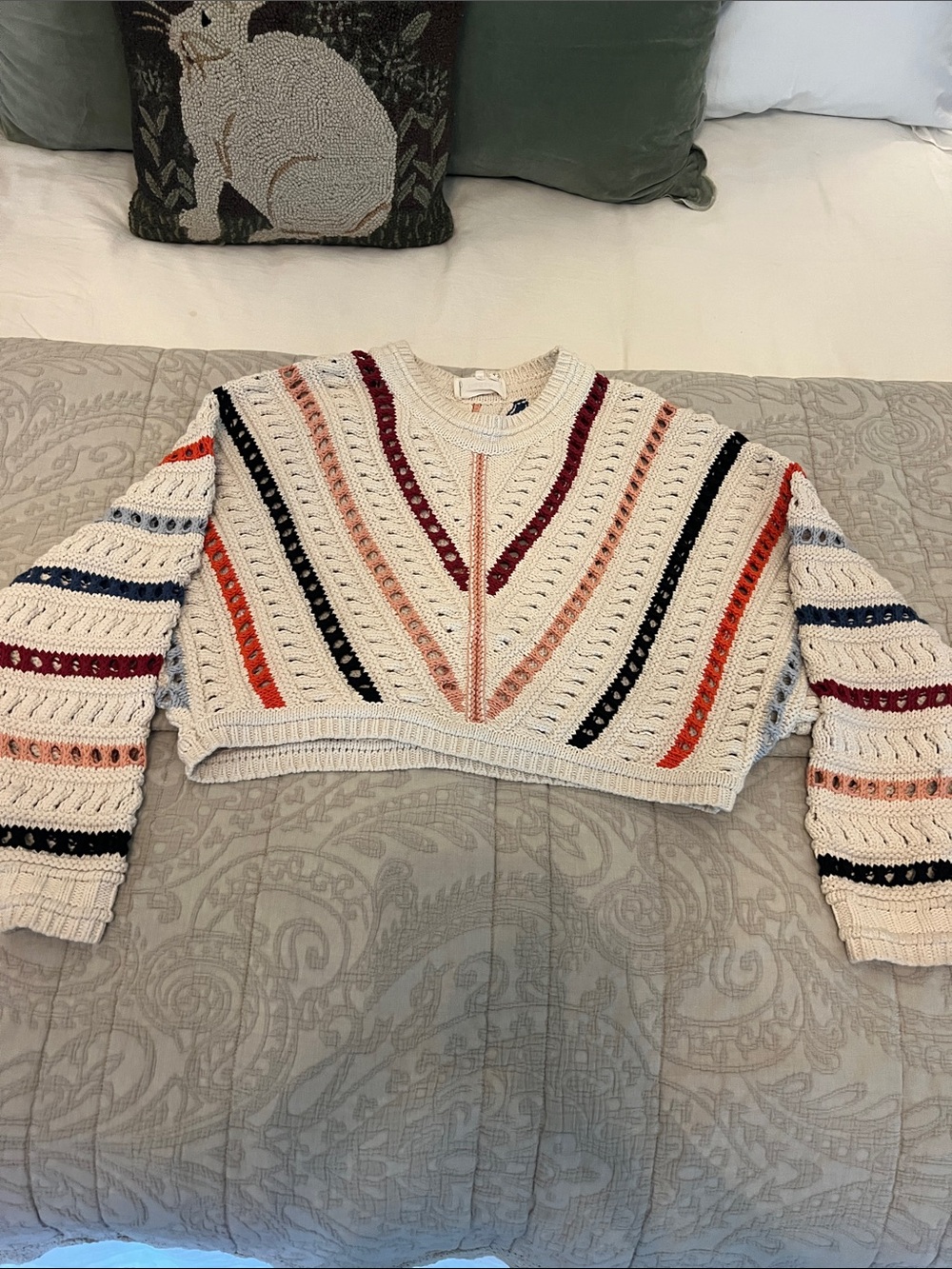 ba&sh Cream Open-Knit Cropped Sweater with Red, Black, Navy & Coral Stripes